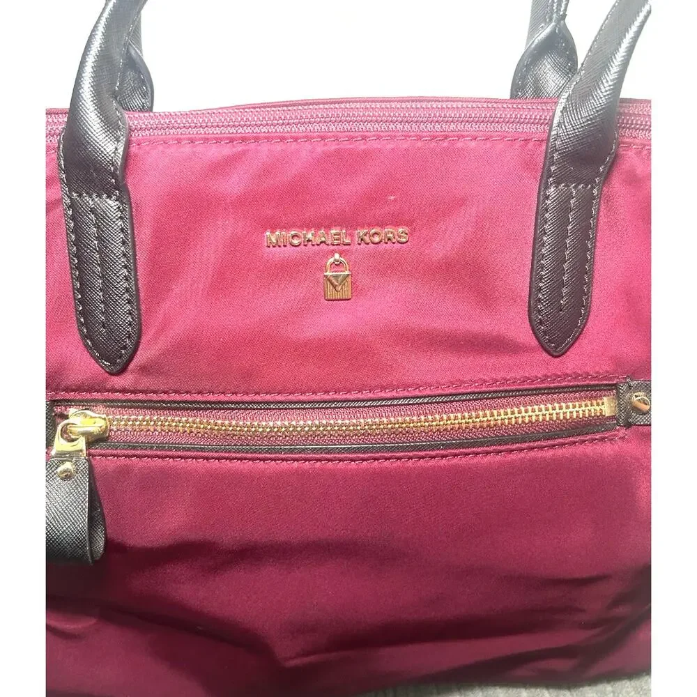 Michael Kors Kelsey Medium Nylon Tote Burgundy Gold Travel Shoulder Bag